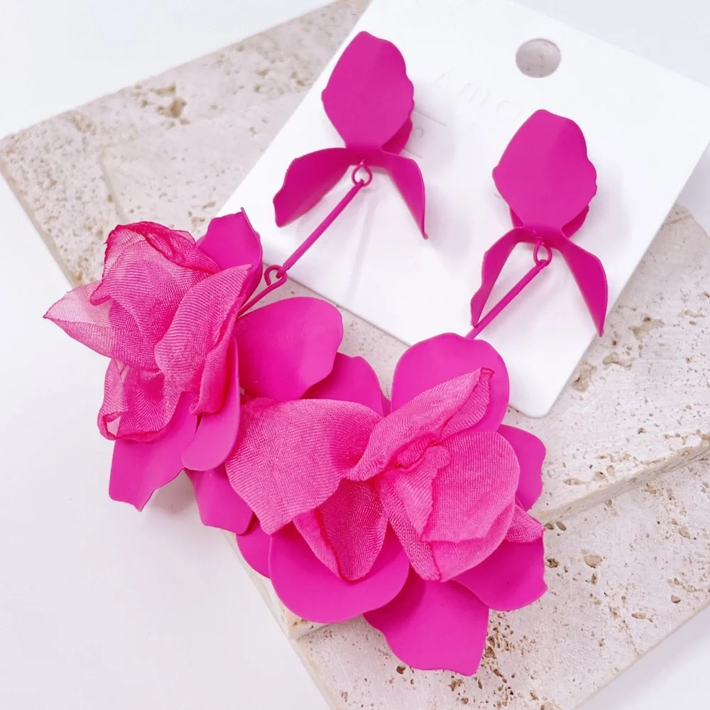 Pink Flower Statement Earrings - Picture 3 of 5